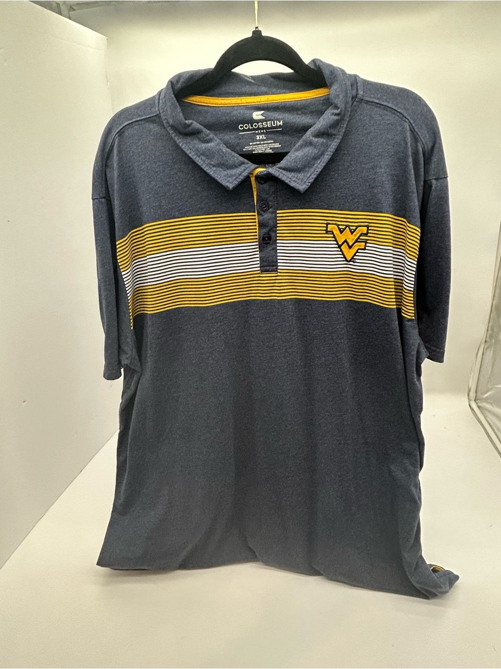 Colosseum Men’s Navy Polo with Gold & White Stripe and WV Logo size 3XL